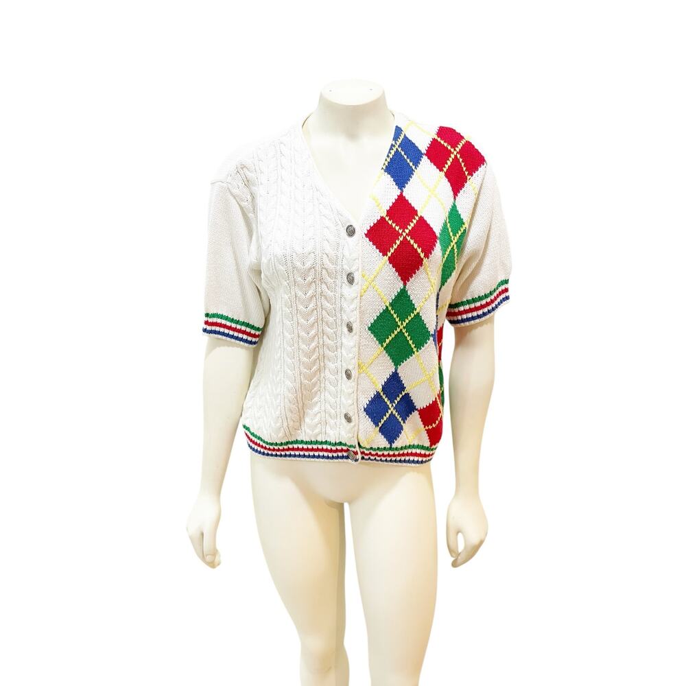 Liz Sport 90s Argyle Cable Knit Short Sleeve Tennis Sweater - Picture 1 of 6